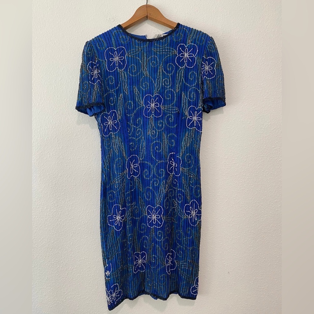 AP LTD BLUE BEADED SHORT SLEEVE SILK ZIP DRESS 6